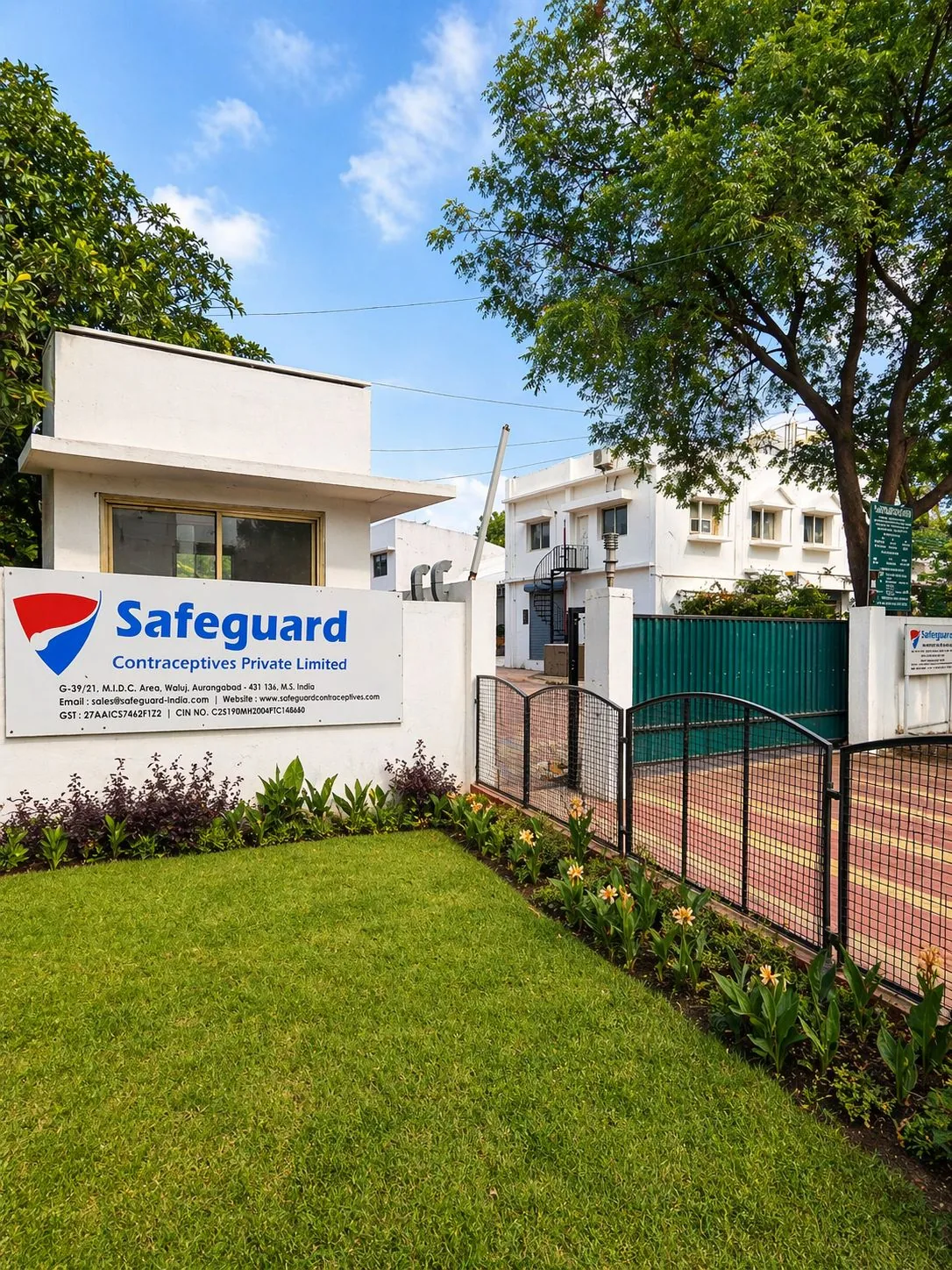Entrance and signage of the Safeguard Contraceptives manufacturing facility in Waluj, Aurangabad